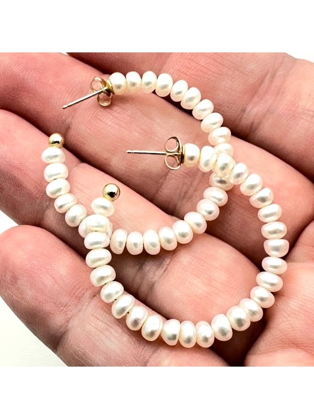 Womens Earrings 14K Yellow Gold 1 1/4 Inch White Pearl Hoops Pierced